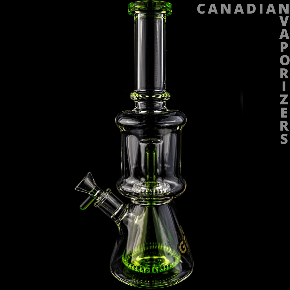 Gear Premium | Lime Green 11.5" Magnum Dual Chamber Beaker Tube - Clear glass dual-chamber beaker tube with lime green accents and a slanted side joint.