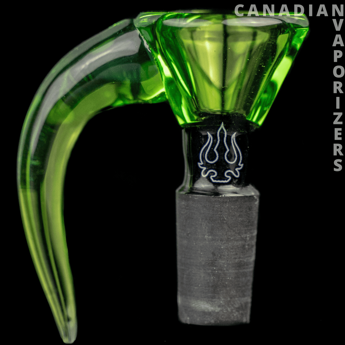 Green | 14MM Hydros Hook Funnel Bowl - Green glass hook funnel bowl with a curved handle, black flame detail, and gray 14mm stem.