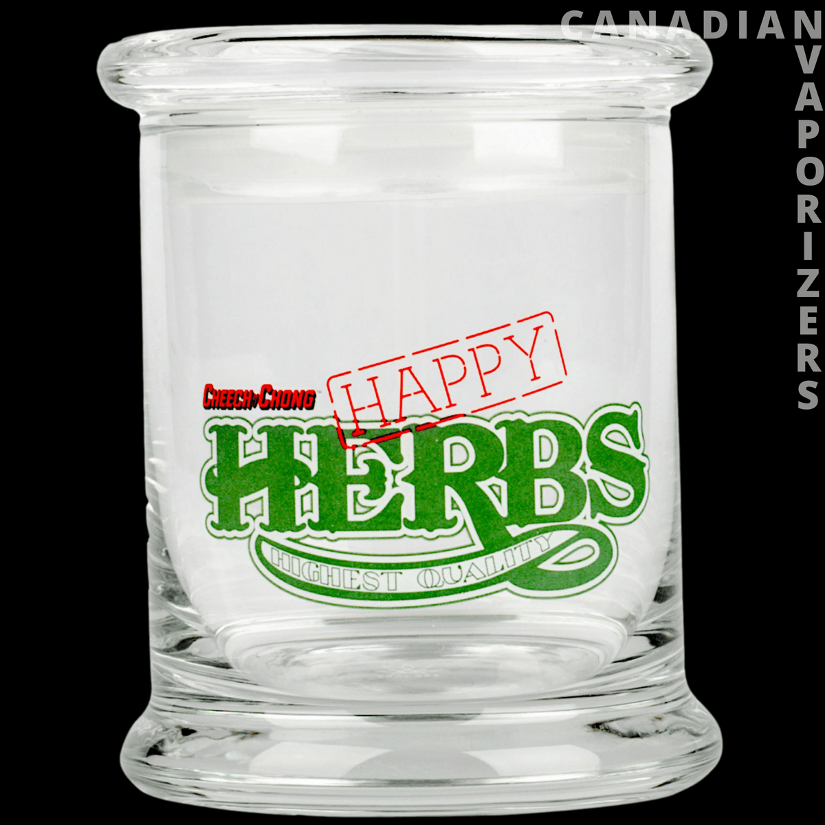 Happy Herbs Pop Top Jar - Clear glass pop-top jar with a flared base and red-and-green Happy Herbs lettering.
