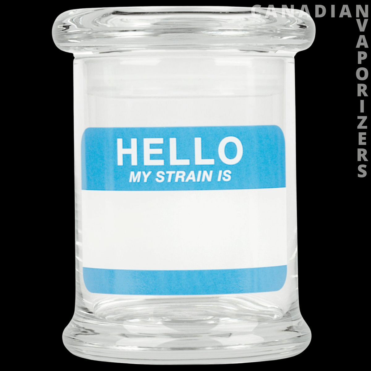 Hello Write &amp; Erase Jar - Clear glass jar with a wide lid and base, labeled “Hello, My Strain Is” in blue and white.