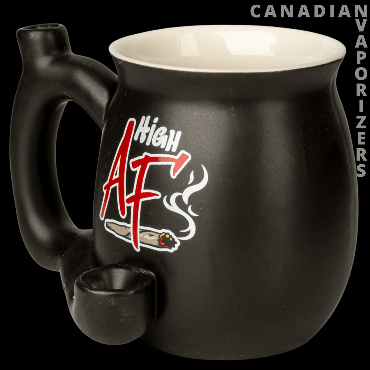 High AF Mug Pipe - Black ceramic mug pipe with a cream interior, curved handle, front bowl, and colorful “High AF” graphic.