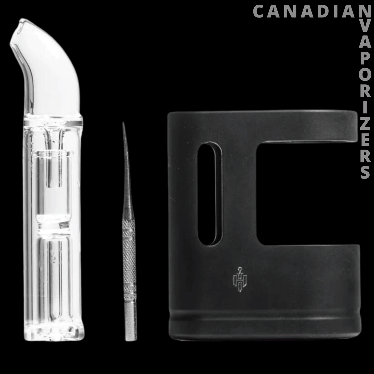 HiToki Saber Portable Attachment - Clear curved saber attachment with a slim metal tip beside a black portable vaporizer case.