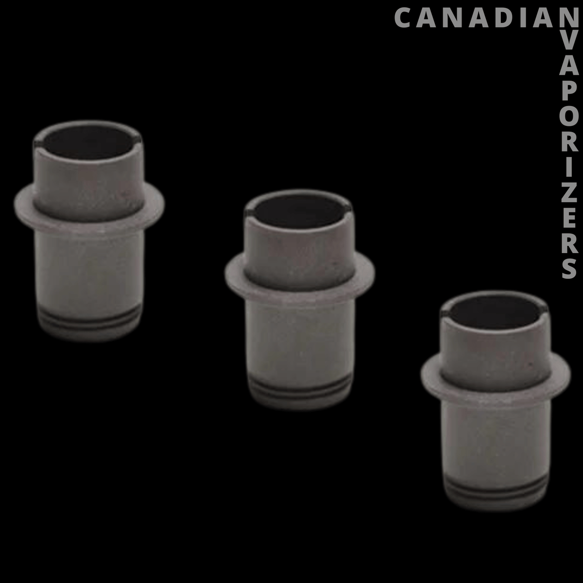 HiToki Trident Ceramic Loading Chamber - Three gray ceramic loading chambers with raised rims and cylindrical openings, arranged diagonally on black background.