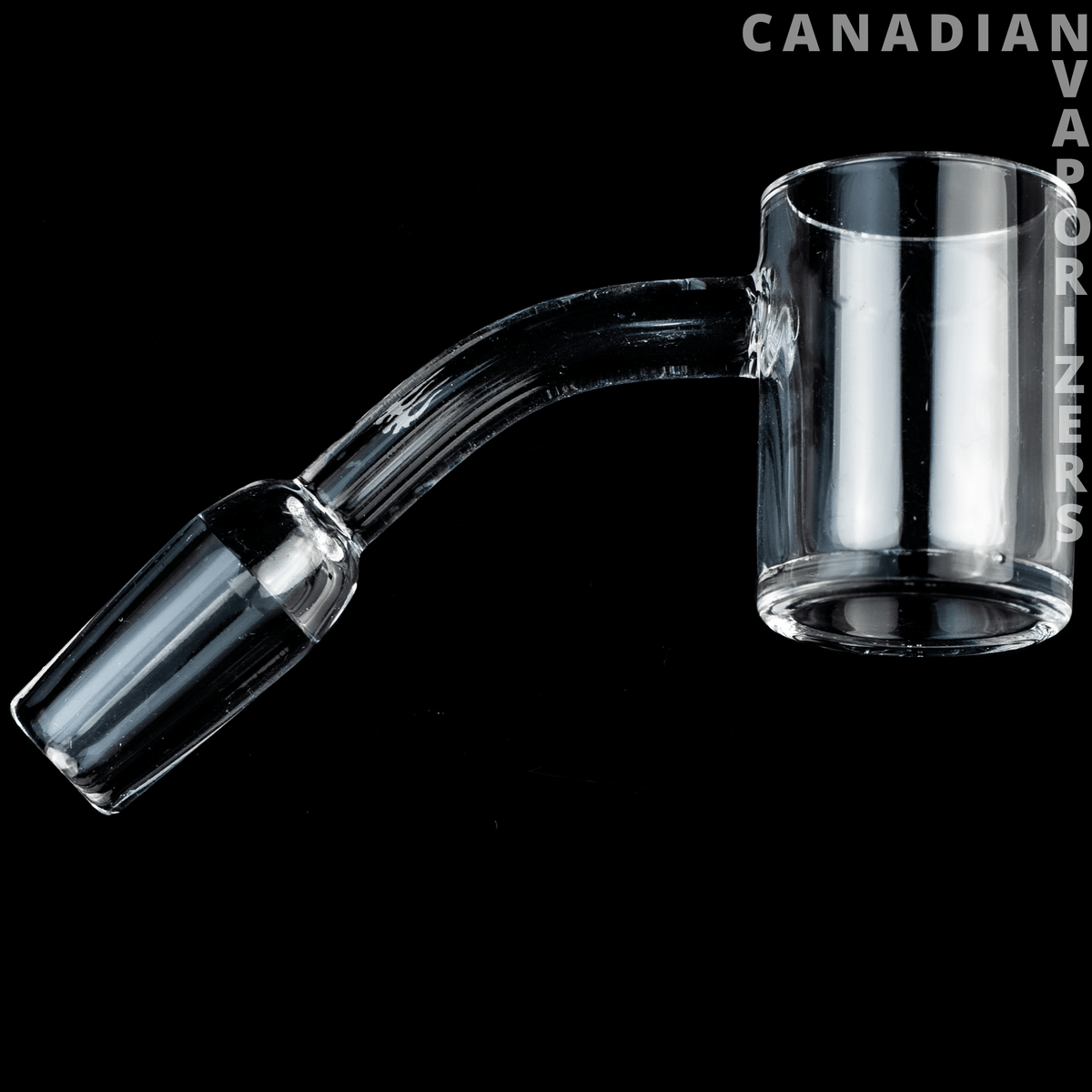 Hydros Male 14MM 45 Degree Quartz Banger - Clear quartz banger with a 45-degree angled joint and cylindrical bucket, shown on black.