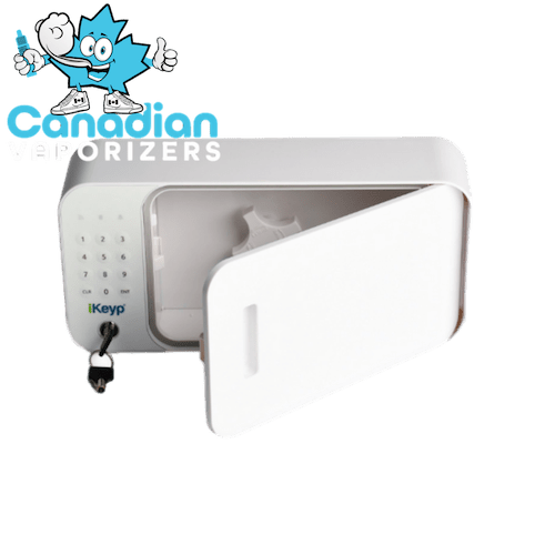 iKey Pro Smart Safe - White wall-mounted smart safe with a rounded rectangular body and open front door, featuring a small key lock.