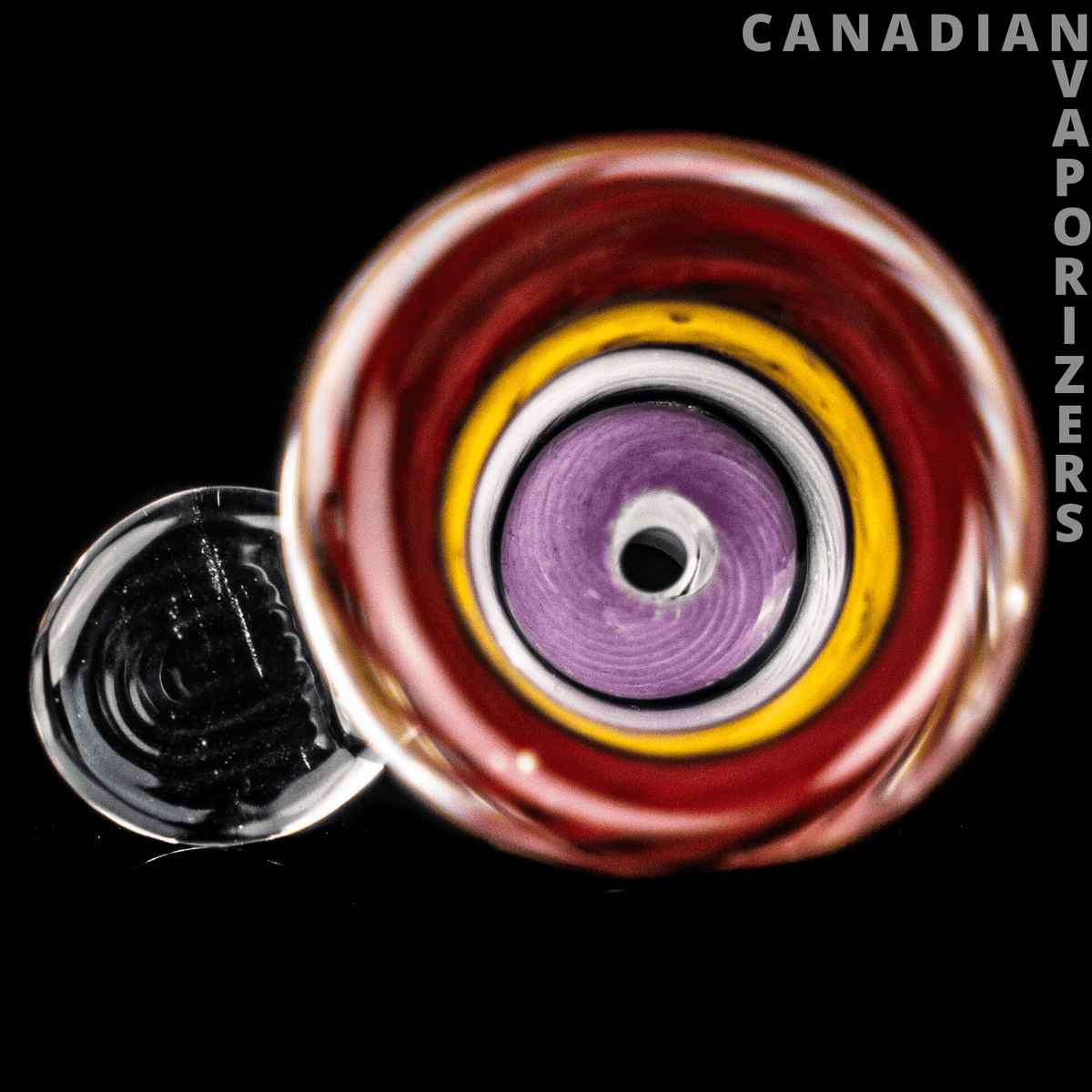 IL Glass 14MM Rainbow Bowl - 14mm glass bowl with a glossy rainbow swirl and black side handle.