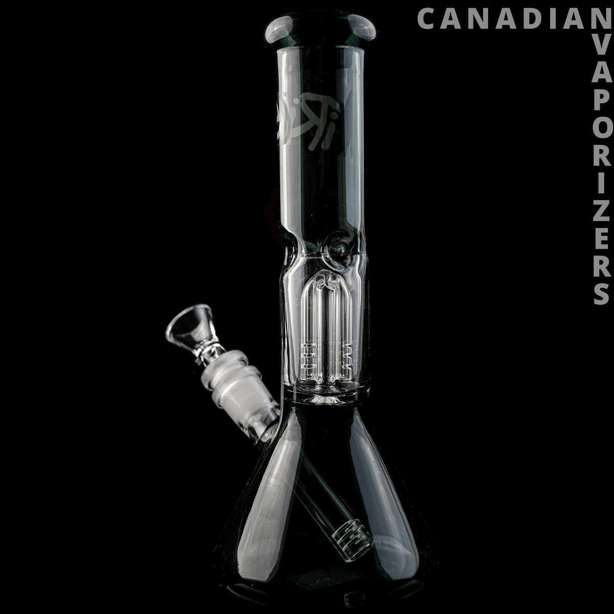 iRie - Black and clear glass water pipe with a tall cylindrical neck, ribbed chamber, and angled side joint.