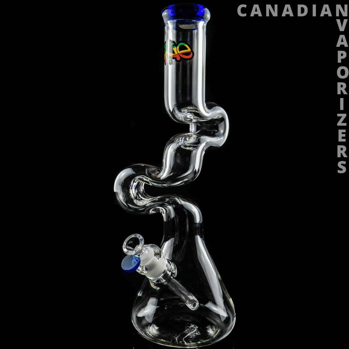 iRie | 7mm Thick 16" Loop-D-Loop Beaker Tube - Clear glass looped beaker tube with a blue-rimmed mouthpiece, blue-accented joint, and flared base.