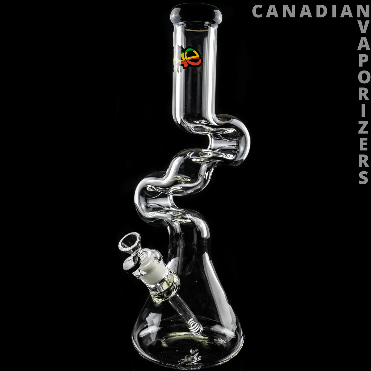 iRie | 7mm Thick 16" Loop-D-Loop Beaker Tube - Clear glass 16-inch beaker tube with a looping neck, angled joint, and small colored logo.
