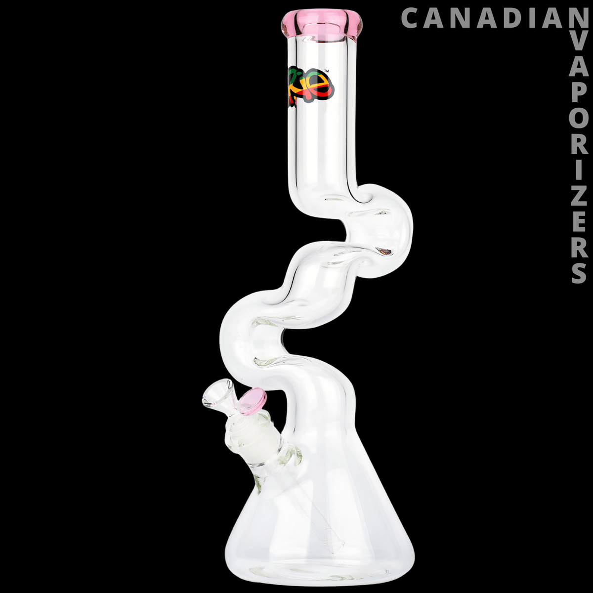iRie | 7mm Thick 16" Loop-D-Loop Beaker Tube - Clear 16-inch glass beaker tube with a looping curved neck, pink accents, and a wide conical base.