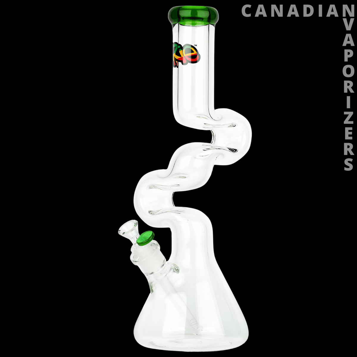 iRie | 7mm Thick 16" Loop-D-Loop Beaker Tube - Clear glass loop-de-loop beaker tube with a green mouthpiece and bowl accent.