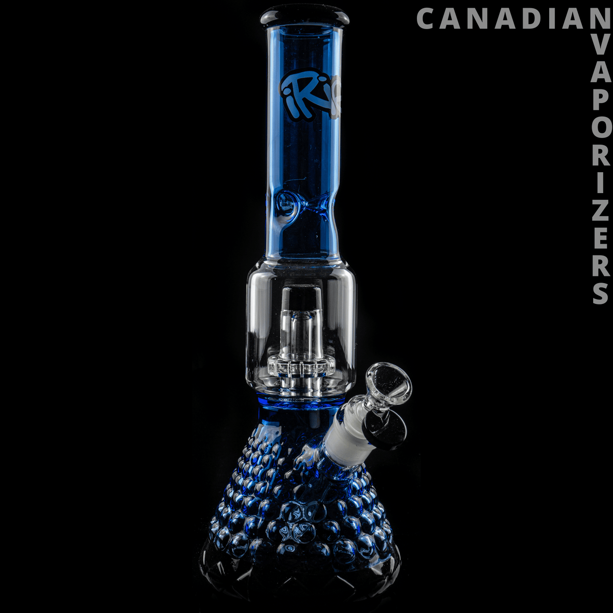 iRie | 13.5" Dual Chamber Beaker Tube - Sapphire blue glass beaker tube with a dual chamber, textured base, and clear side bowl.