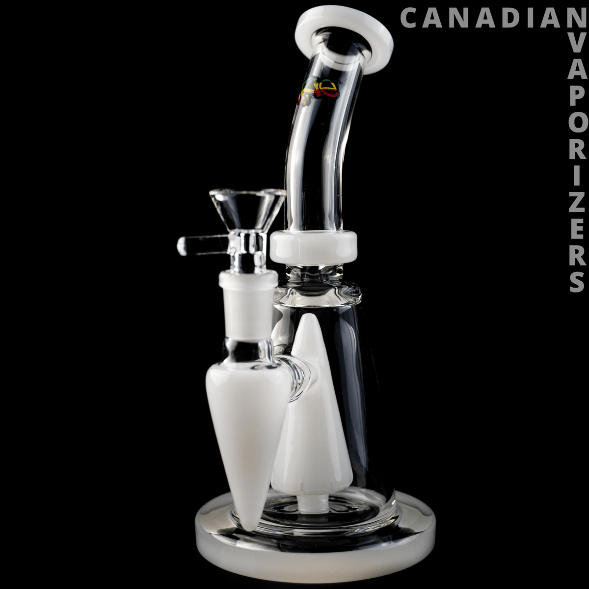 iRie | White - White-and-clear glass water pipe with curved neck, flared mouthpiece, and round base.