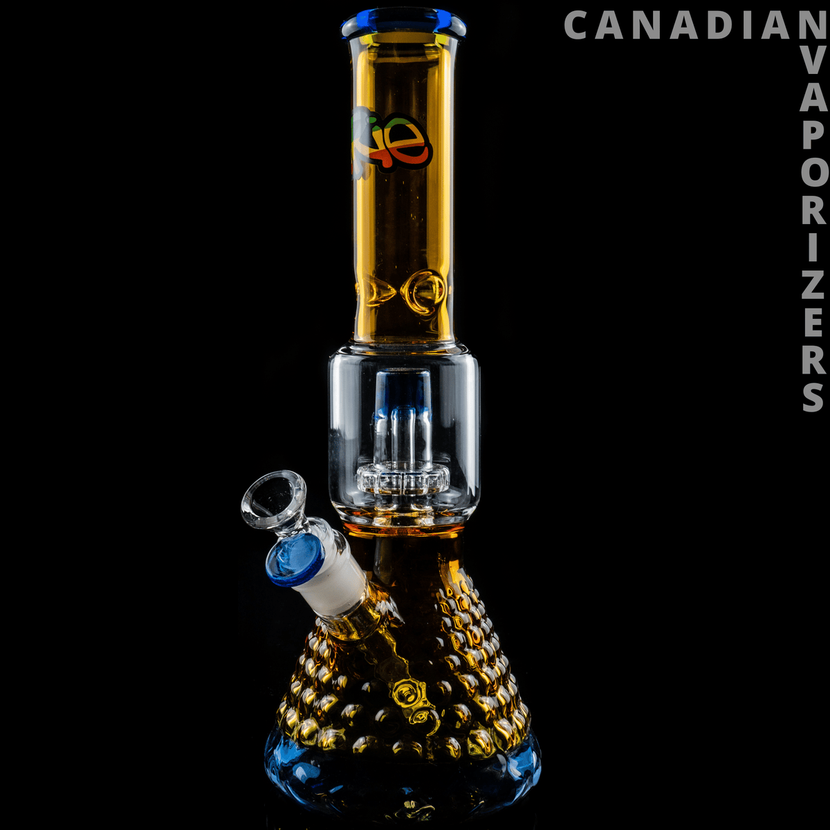 iRie | Yellow/Blue 13.5" Dual Chamber Beaker Tube - Amber glass beaker bong with blue accents, dual chamber, textured base, and angled side bowl.