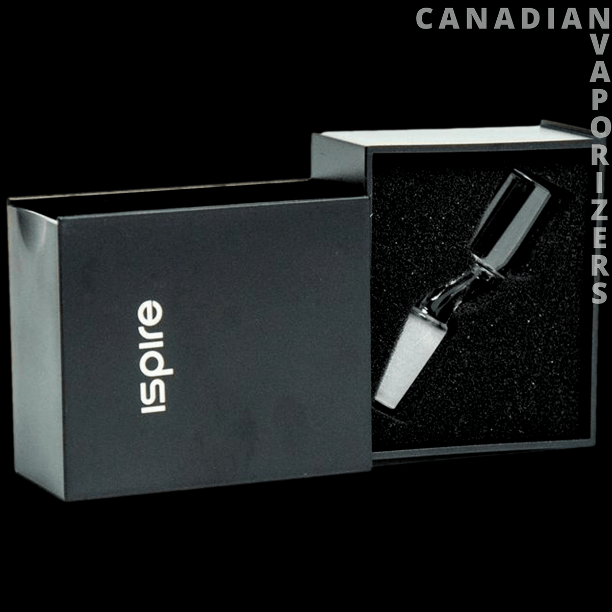 Ispire The Wand Angled Banger - Black Ispire box with a foam insert displaying a sleek angled glass banger.