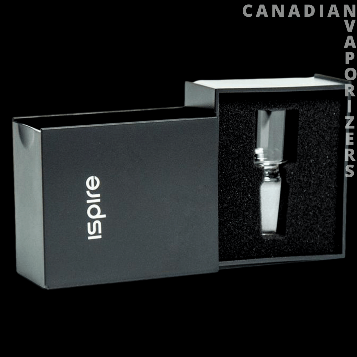 Ispire The Wand Straight Banger - Black Ispire box with a foam insert holding a straight glass banger and white logo on the lid.