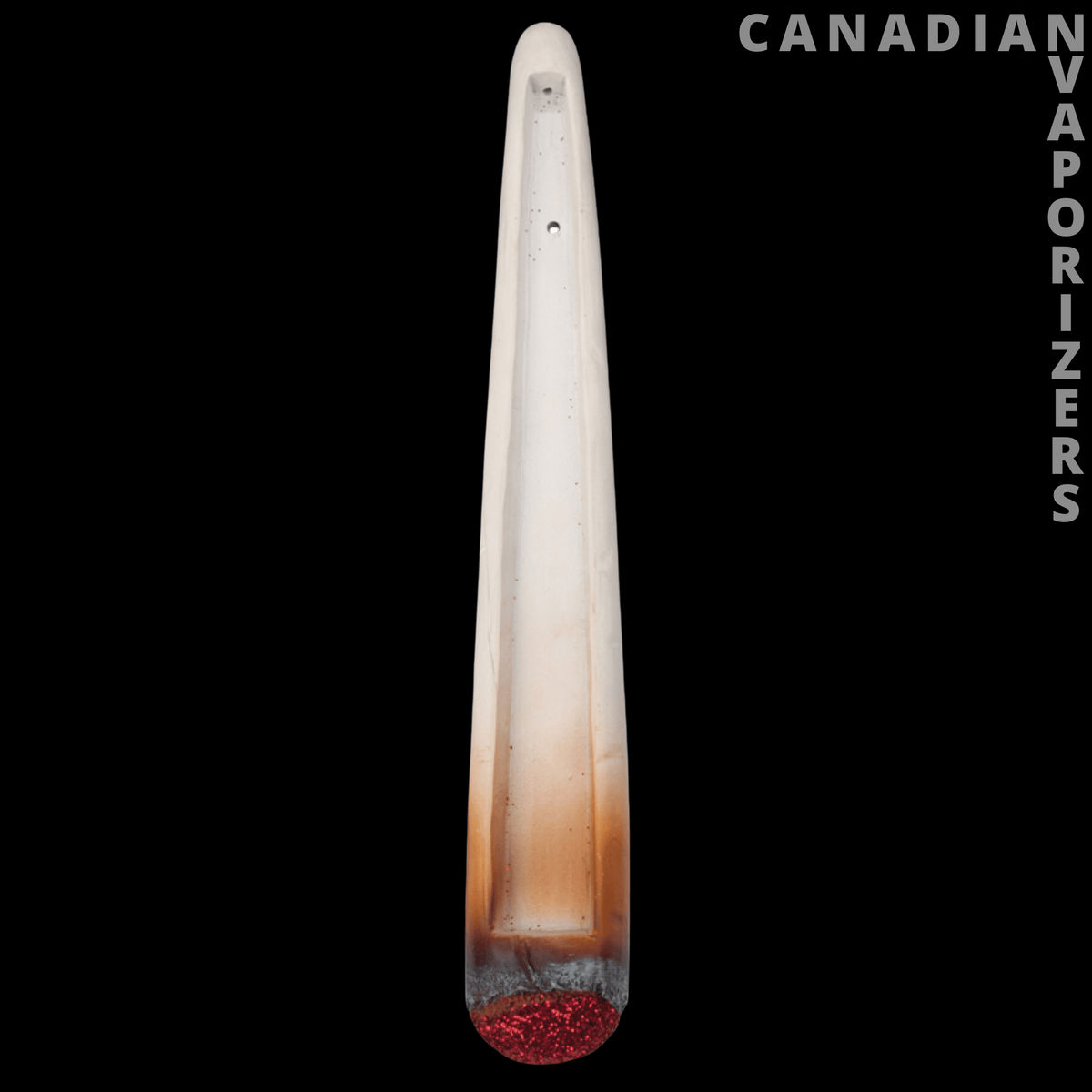 Joint Incense Holder - Tall tapered white ceramic incense holder with a brown-stained base and red ash-filled tip.