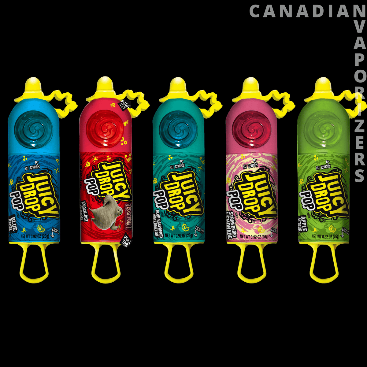 Juicy Drop Pop - Five Juicy Drop Pop sour lollipops in blue, red, teal, pink, and green squeeze tubes with yellow handles.