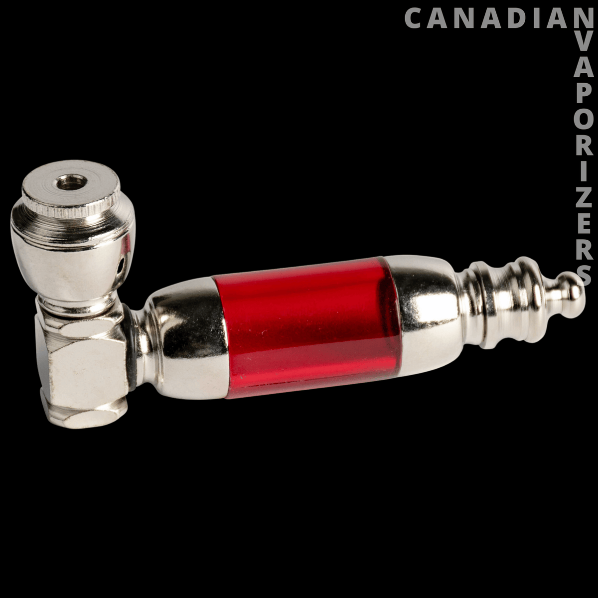 Large Acrylic &amp; Nickel Chamber Metal Pipe - Silver nickel chamber pipe with a translucent red acrylic body and a rounded metal mouthpiece.