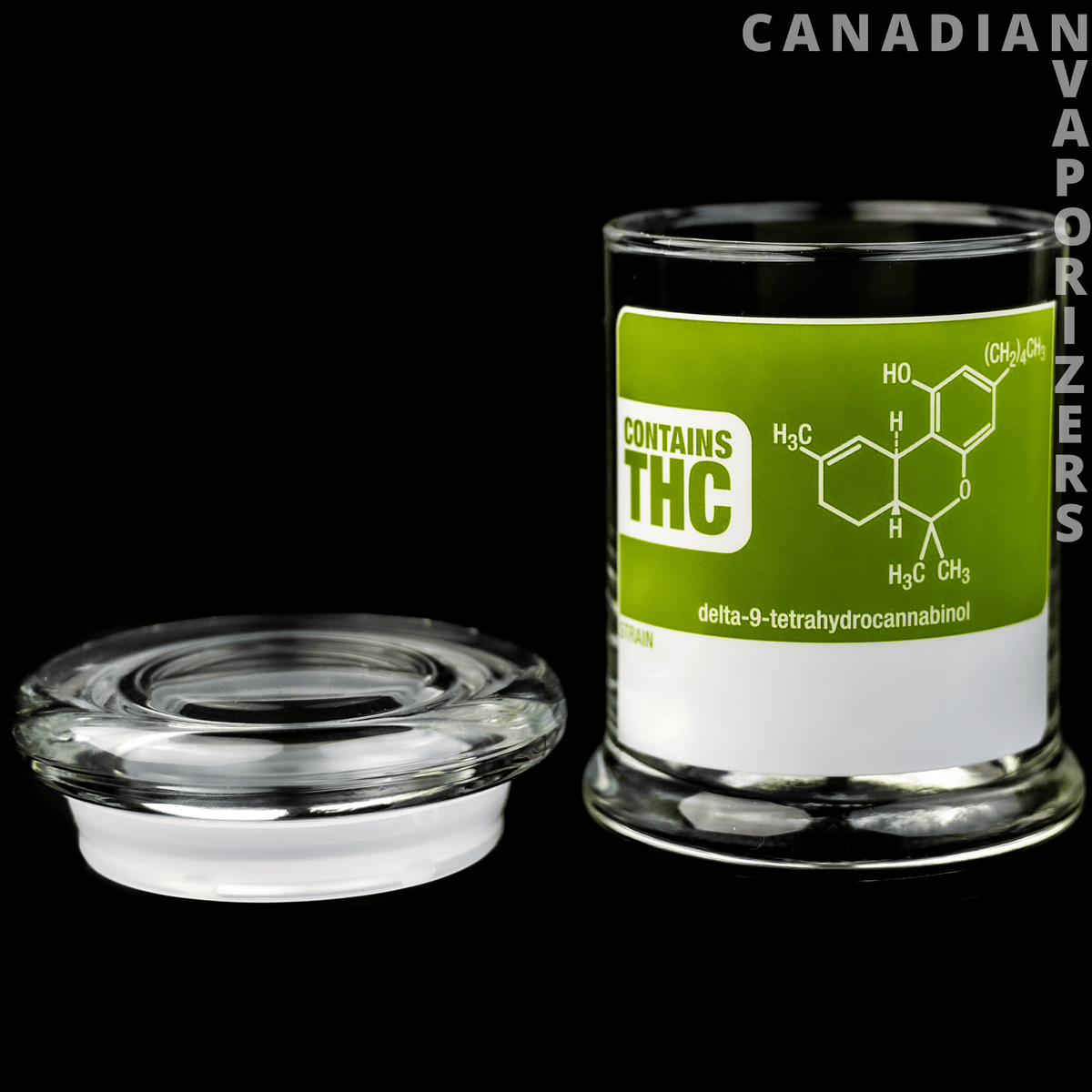 Large Pop-Top Jar THC - Clear glass pop-top jar with a lime-green THC label and matching glass lid beside it.