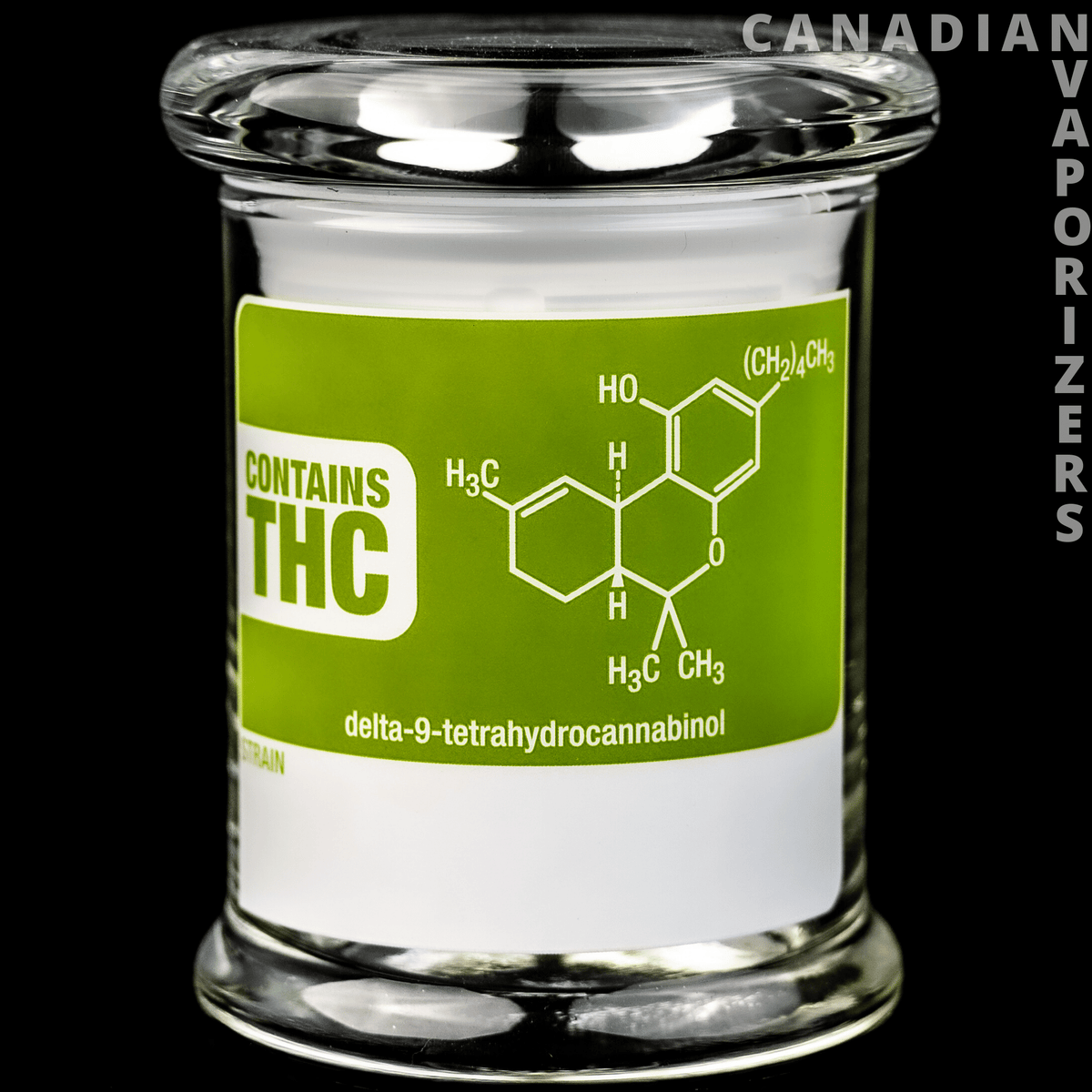 Large Pop-Top Jar THC - Clear glass pop-top jar with a bright green THC label and white cannabinoid diagram.
