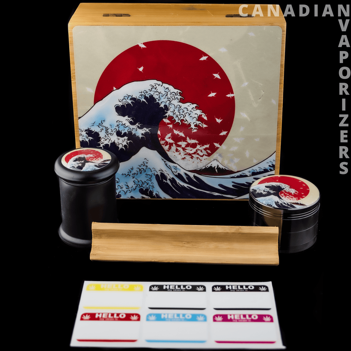 Large Wave Bamboo Box/Grinder/Jar - Bamboo box with a large wave design, black grinder jars, and colorful label stickers.