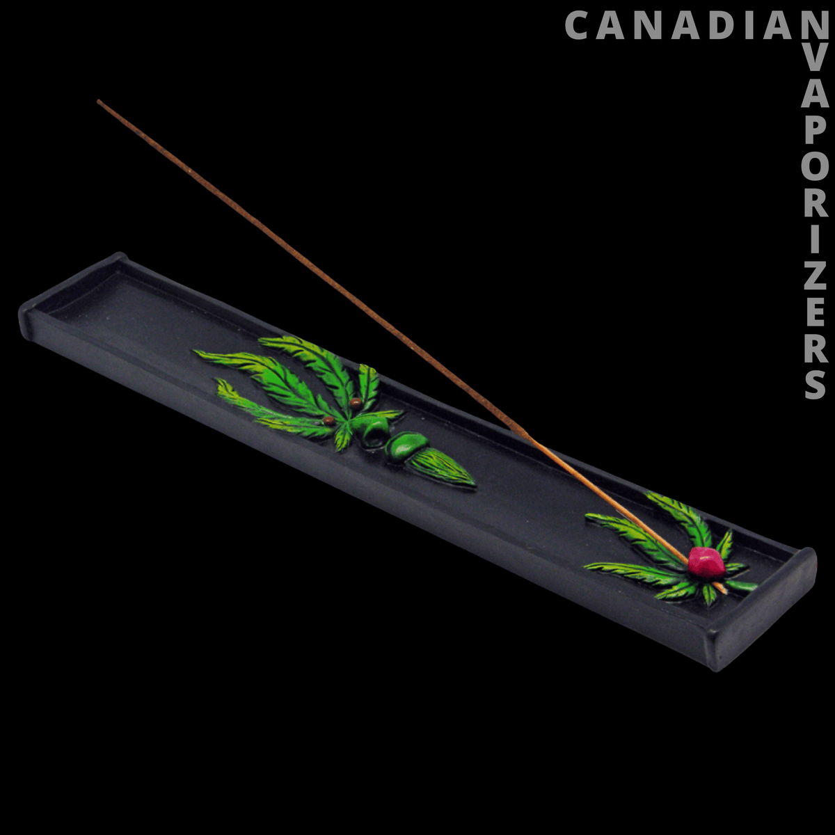 Leaf Man Incense Holder - Black rectangular incense holder with a glossy green leaf design and red flower accent.