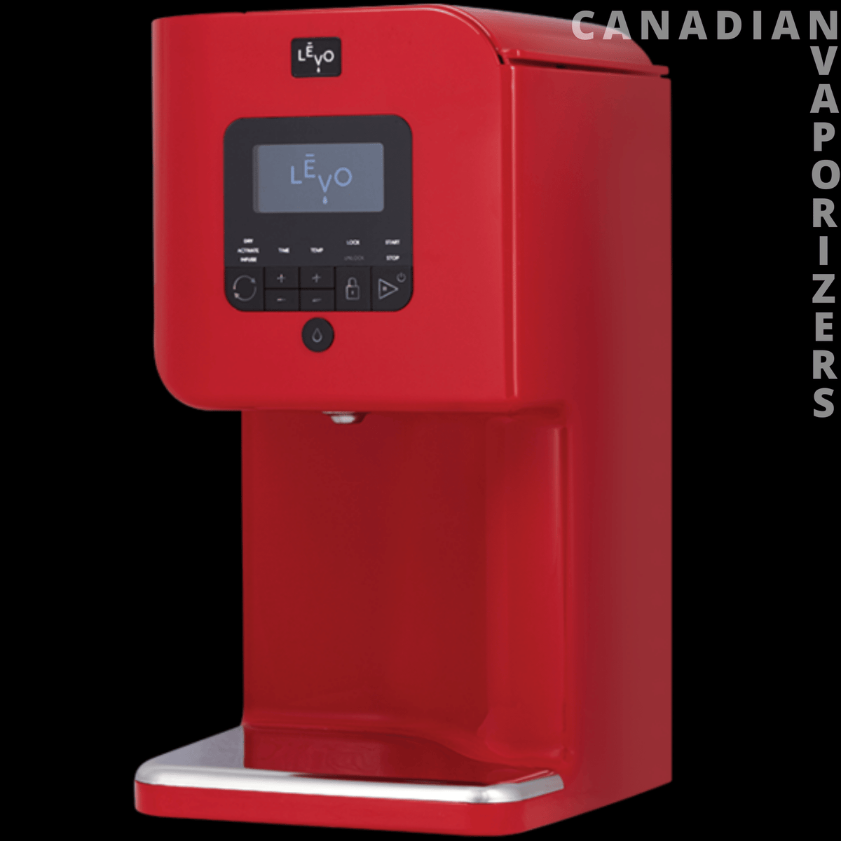 Levo 2 Oil Infuser - Cayenne red LEVO 2 oil infuser with a front touchscreen, control buttons, and silver drip tray.