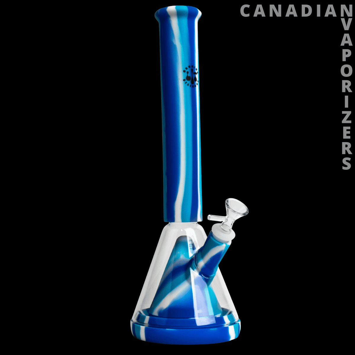 Lit Silicone 14" Glass Chamber Beaker Perc Tube - Blue glass beaker perc tube with black base, angled chamber, and clear glass bowl piece.