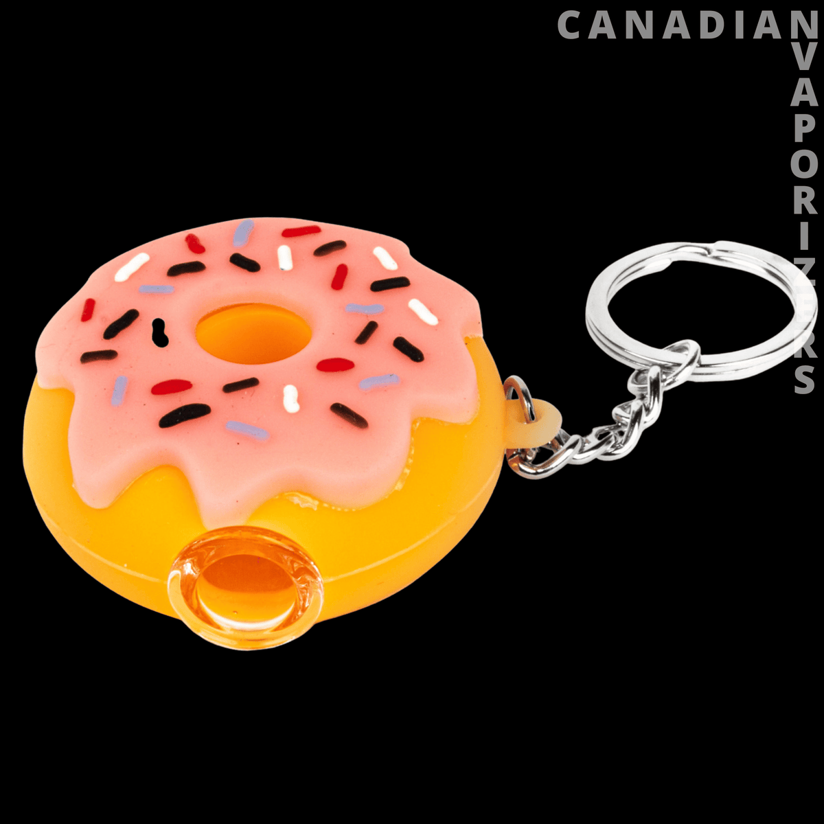 Lit Silicone 2.25" Donut Hand Pipe &amp; Keychain - Pink-frosted silicone donut hand pipe with colorful sprinkles, orange accents, and silver keychain ring.