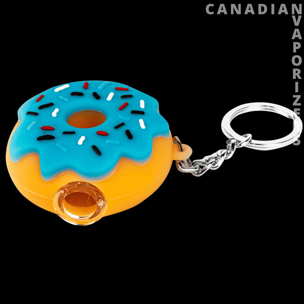 Lit Silicone 2.25" Donut Hand Pipe &amp; Keychain - Blue and yellow silicone donut hand pipe keychain with sprinkle details and a silver key ring.