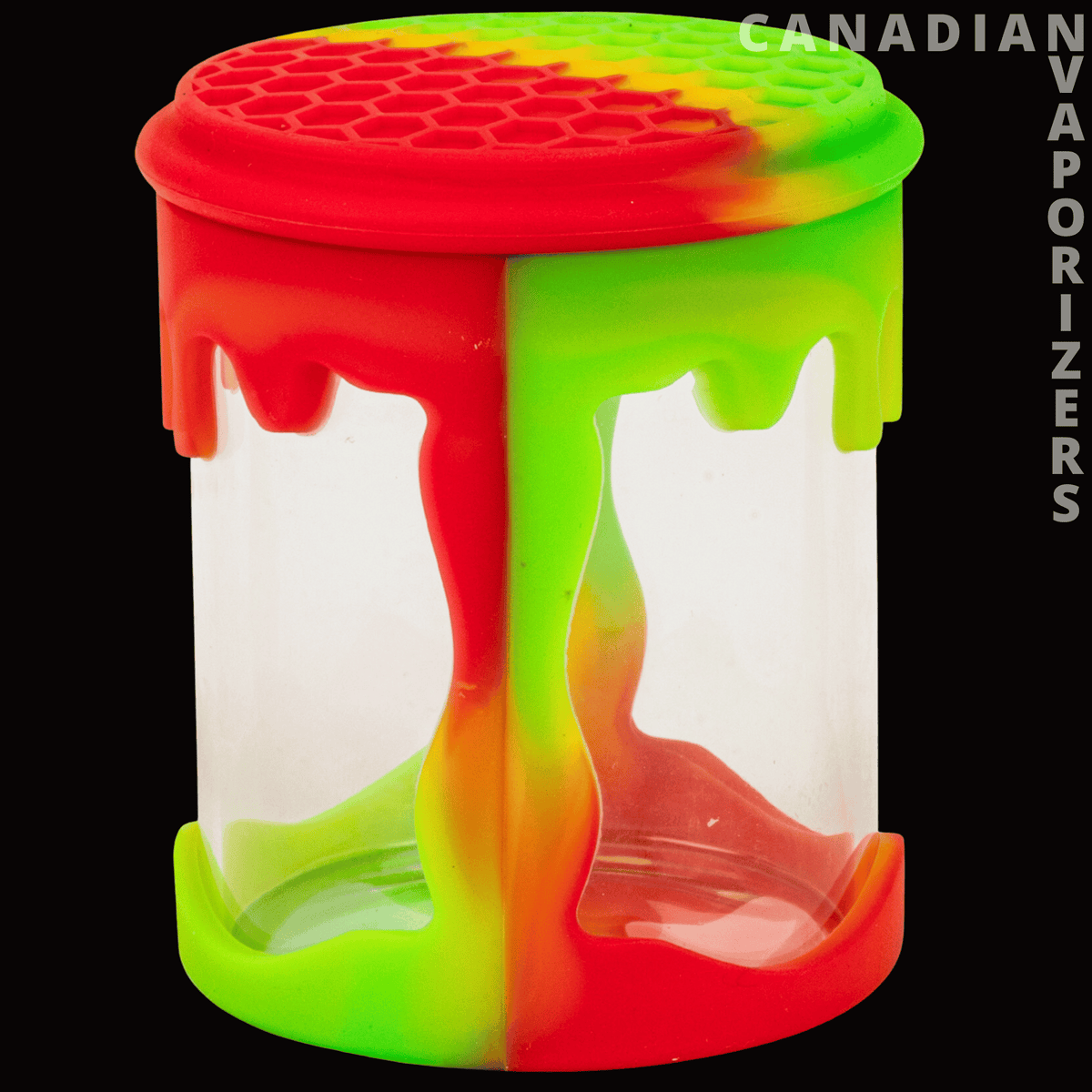 Lit Silicone 2.75" Honeycomb Jar - Red, yellow, and green silicone honeycomb jar with a translucent center and dripping-color design.
