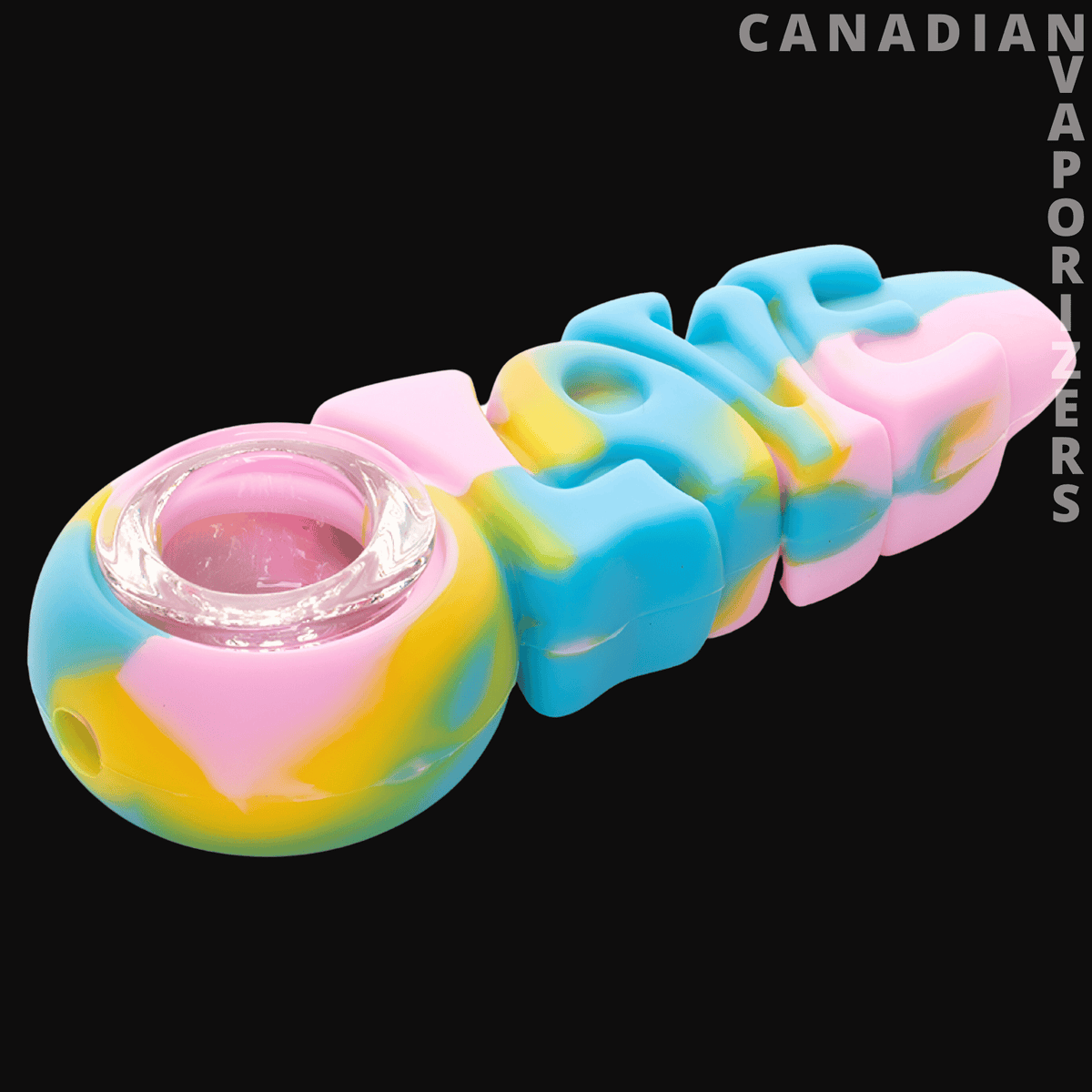 Lit Silicone 4" Love Hand Pipe - Pink, blue, and yellow silicone hand pipe shaped like the word “LOVE,” with a round bowl at one end.