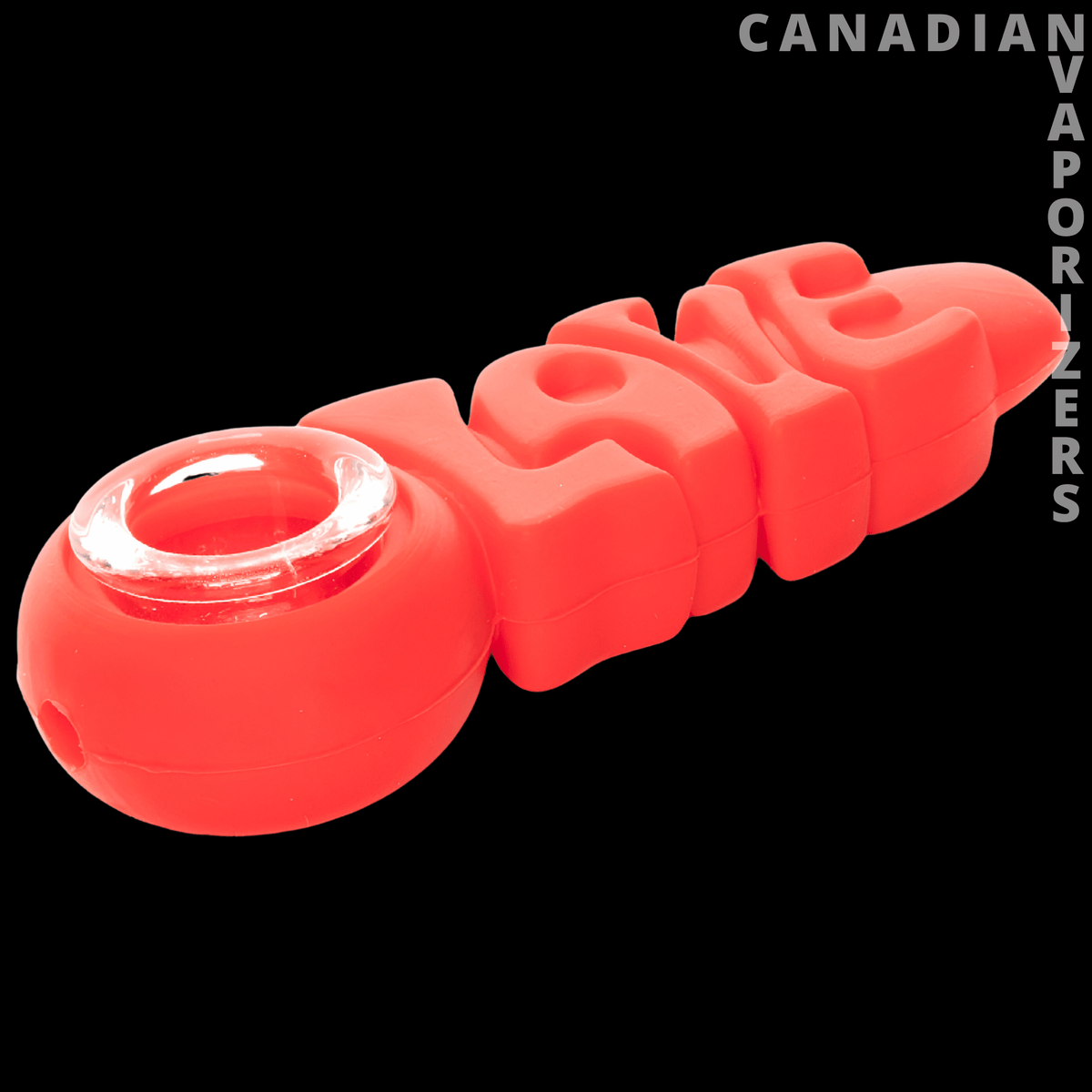 Lit Silicone 4" Love Hand Pipe - Coral-red silicone hand pipe shaped like the word “LOVE,” with a round bowl at one end.