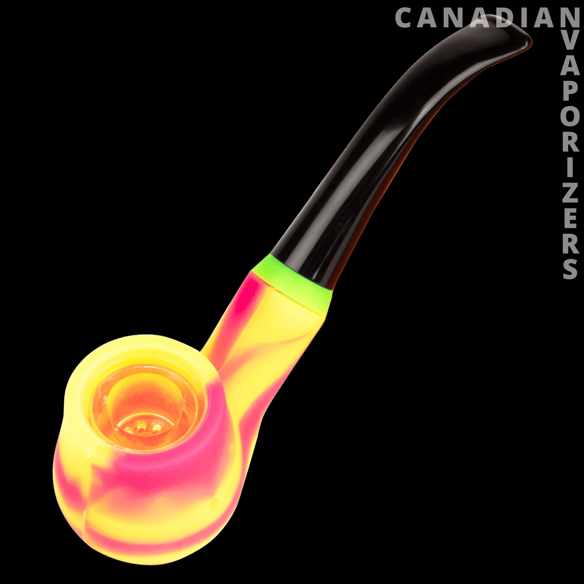 Lit Silicone 5.5" Classic Sherlock Pipe - Yellow and pink silicone Sherlock pipe with a neon green collar and curved black stem.