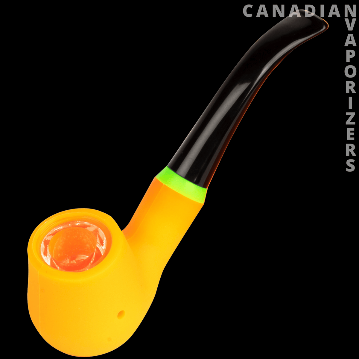 Lit Silicone 5.5" Classic Sherlock Pipe - Yellow silicone Sherlock pipe with a black curved stem and neon green band.
