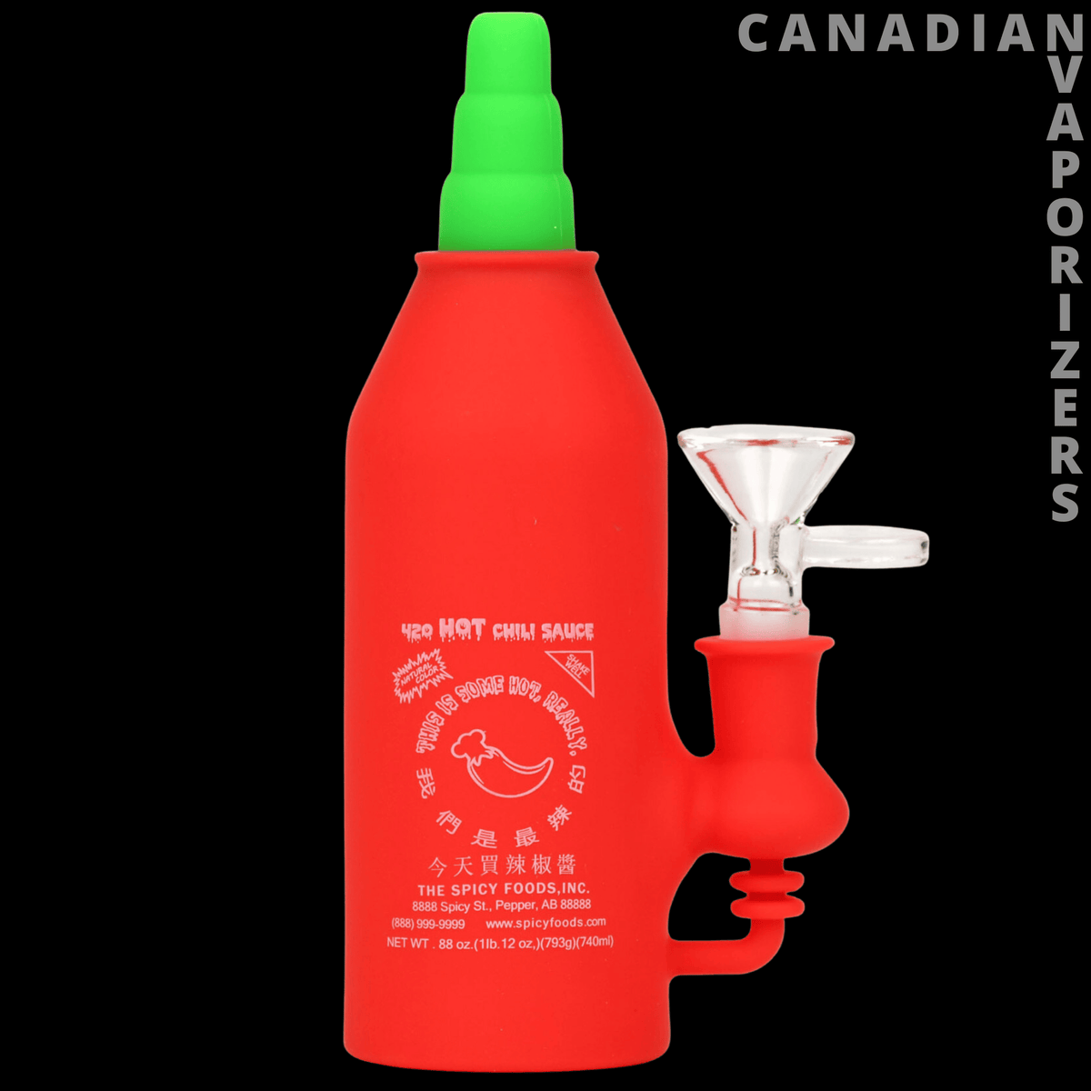 Lit Silicone 6.5" Sriracha Chili Bottle Water Pipe - Red silicone sriracha bottle water pipe with bright green cap and clear glass bowl attachment.
