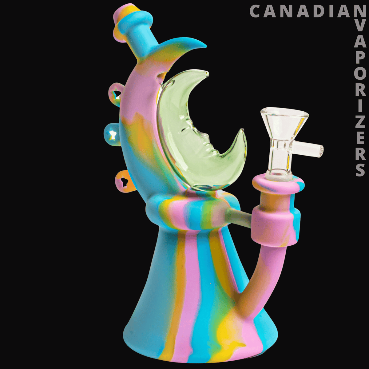 LIT Silicone |  7.5" Moonrise Bubbler - Rainbow silicone moon-shaped bubbler with a curved crescent body, colorful striped base, and clear glass bowl.