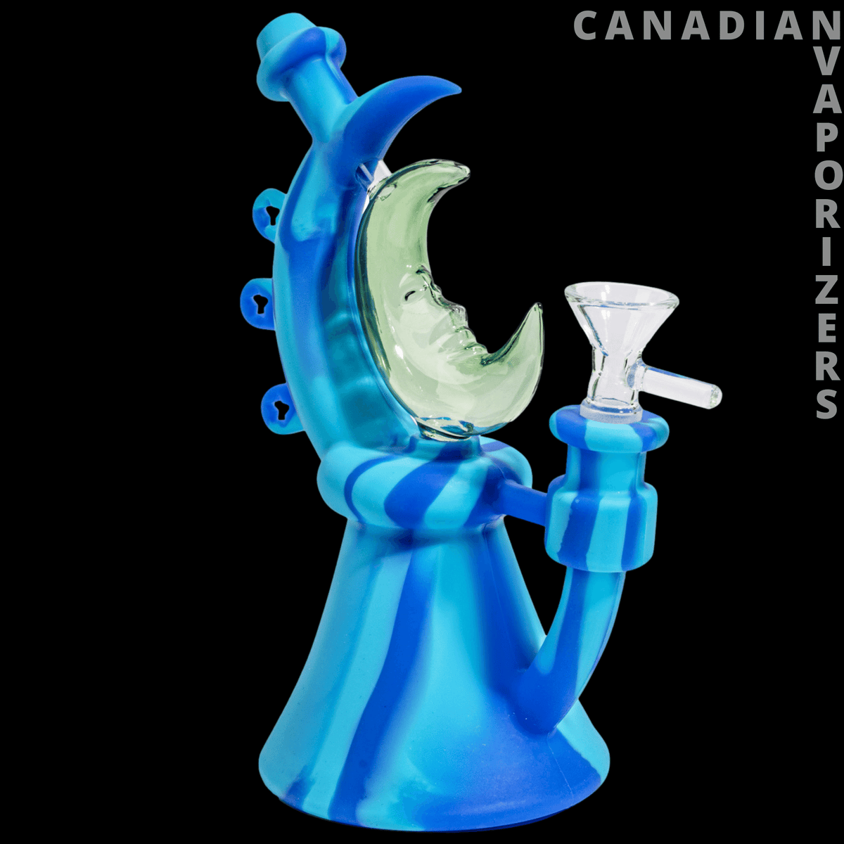 LIT Silicone |  7.5" Moonrise Bubbler - Blue silicone moon-shaped bubbler with a curved green chamber, clear glass bowl, and flared base.