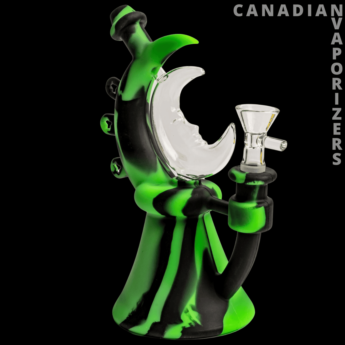 LIT Silicone |  7.5" Moonrise Bubbler - Rainbow silicone moon-shaped bubbler with a curved green-and-black body and clear glass bowl.