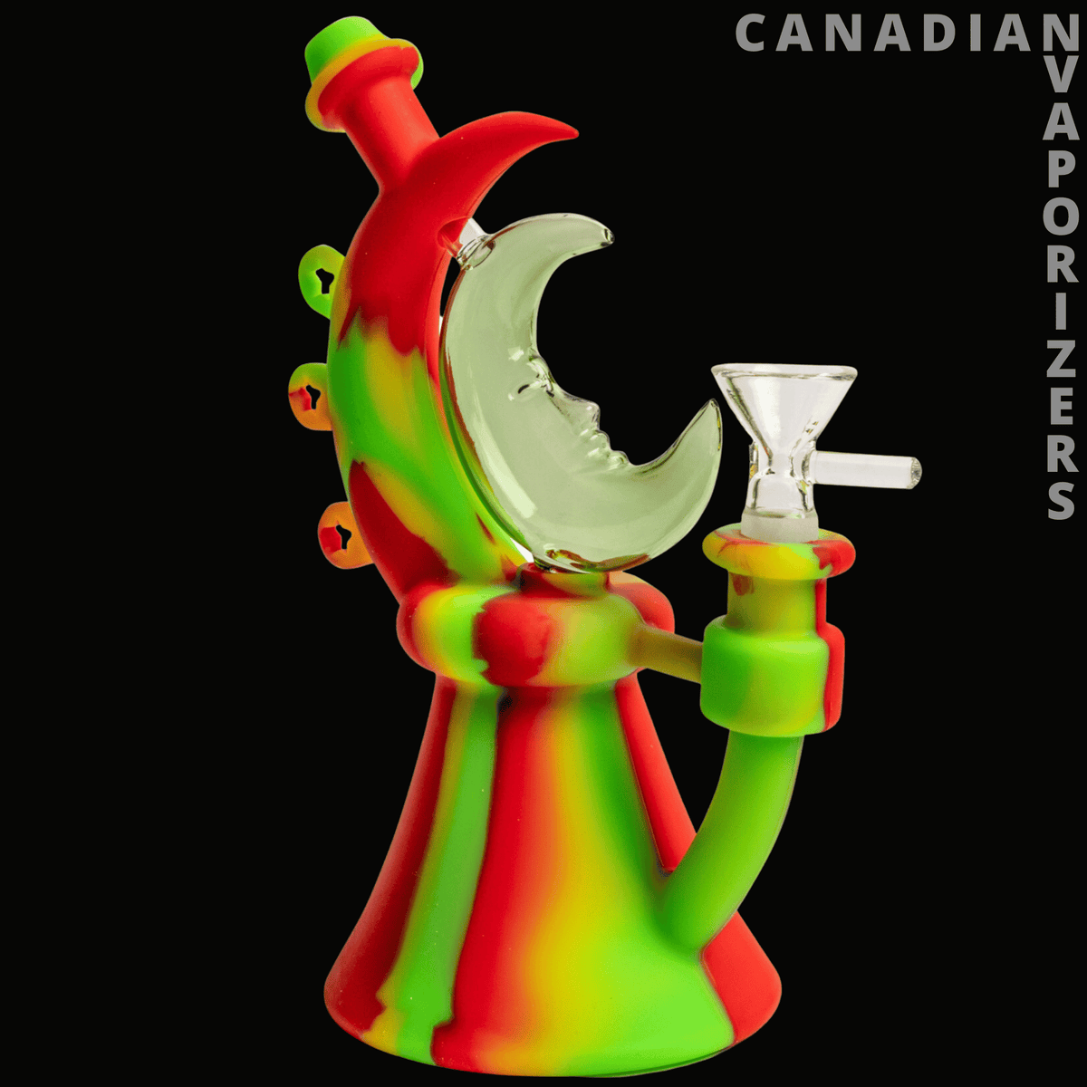 LIT Silicone |  7.5" Moonrise Bubbler - Rainbow silicone moon-shaped bubbler with a curved green crescent, red mouthpiece, and clear glass bowl.