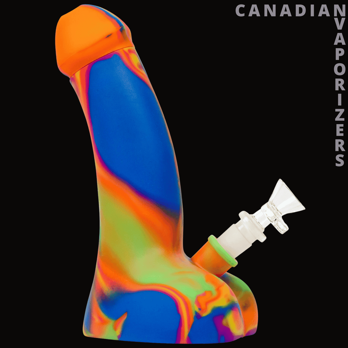 Lit Silicone 9" Head Honcho Water Pipe - Rainbow silicone water pipe with a blue curved body, orange top, and white angled mouthpiece.