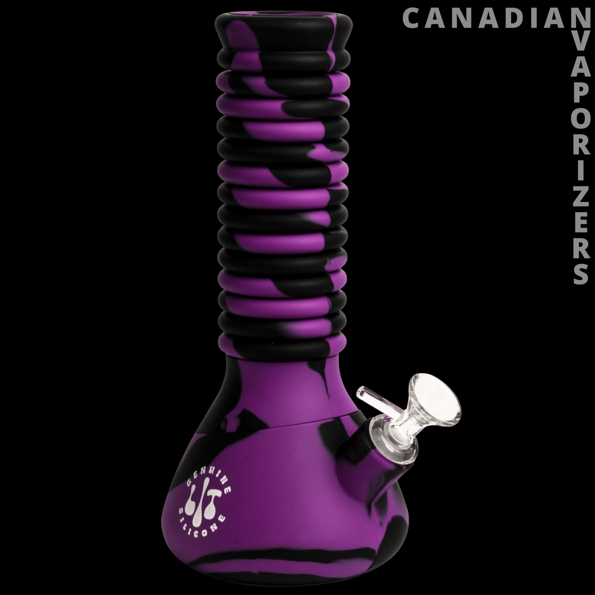 Lit Silicone Extendable Water Pipe - Purple and black extendable silicone water pipe with a ribbed accordion body and clear glass bowl.