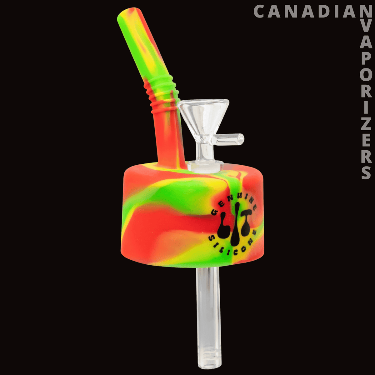 Lit Silicone Pop Can to Water Pipe Adapter - Bright red, yellow, and green silicone can adapter with a clear glass bowl and downstem.