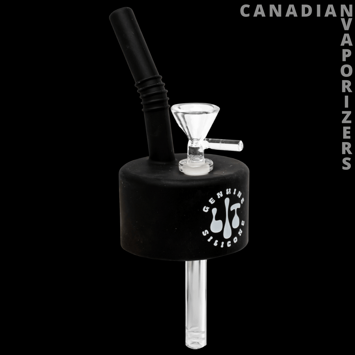 Lit Silicone Pop Can to Water Pipe Adapter - Black silicone pop-can water pipe adapter with angled mouthpiece, clear glass bowl, and glass downstem.