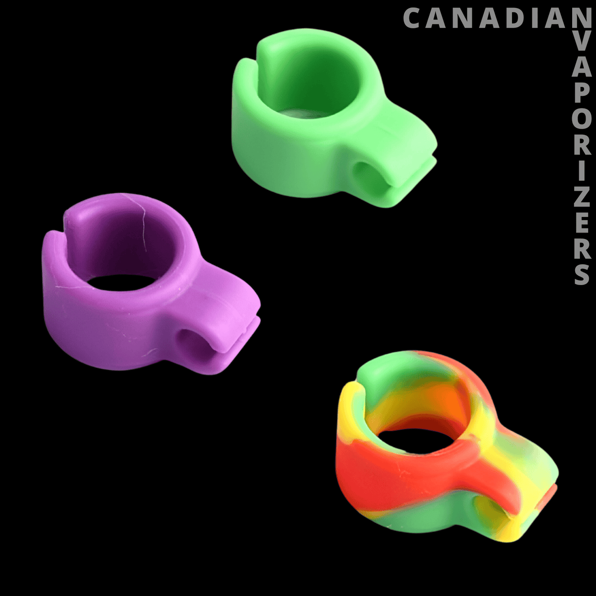 Lit Silicone Ring Cig Holder (Pack of 3) - Three colorful silicone ring-shaped cigarette holders in green, purple, and multicolor, with rounded openings and short.