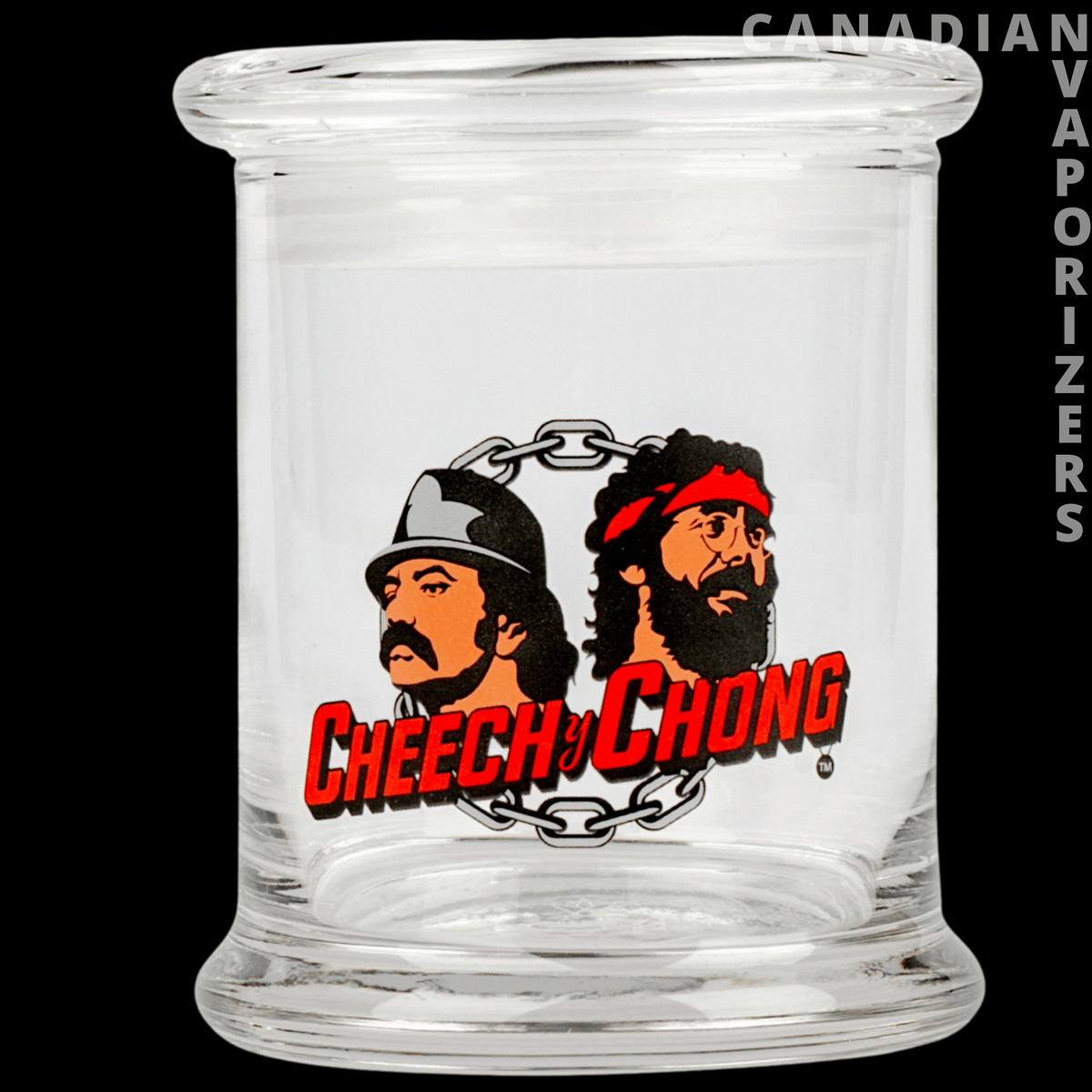 Love Machine Pop Top Jar - Clear glass pop-top jar with a wide base and Cheech &amp; Chong logo featuring two illustrated faces.