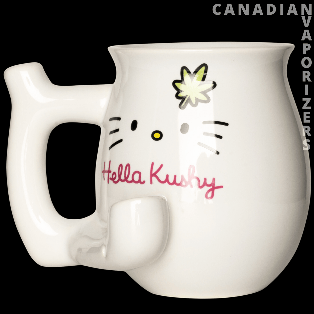 Mug Pipe - White ceramic mug pipe with a side handle, built-in pipe bowl, and “Hello Kushy” lettering with a flower and whiskers.