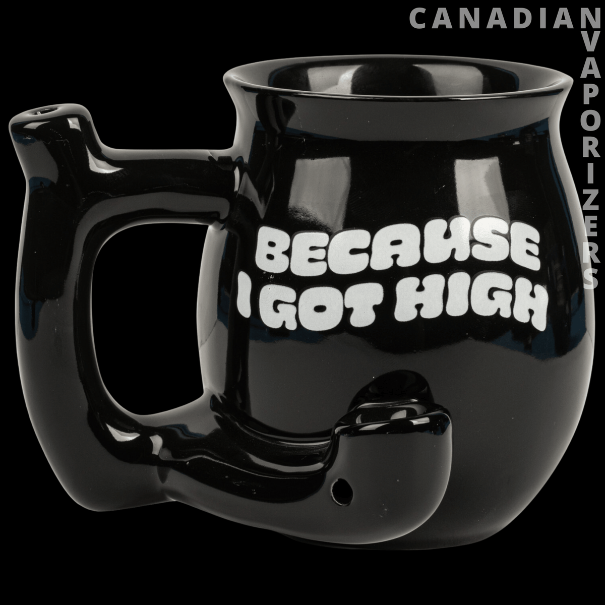 Mug Pipe - Glossy black ceramic mug pipe printed with white “Because I Got High” lettering and a built-in curved stem.