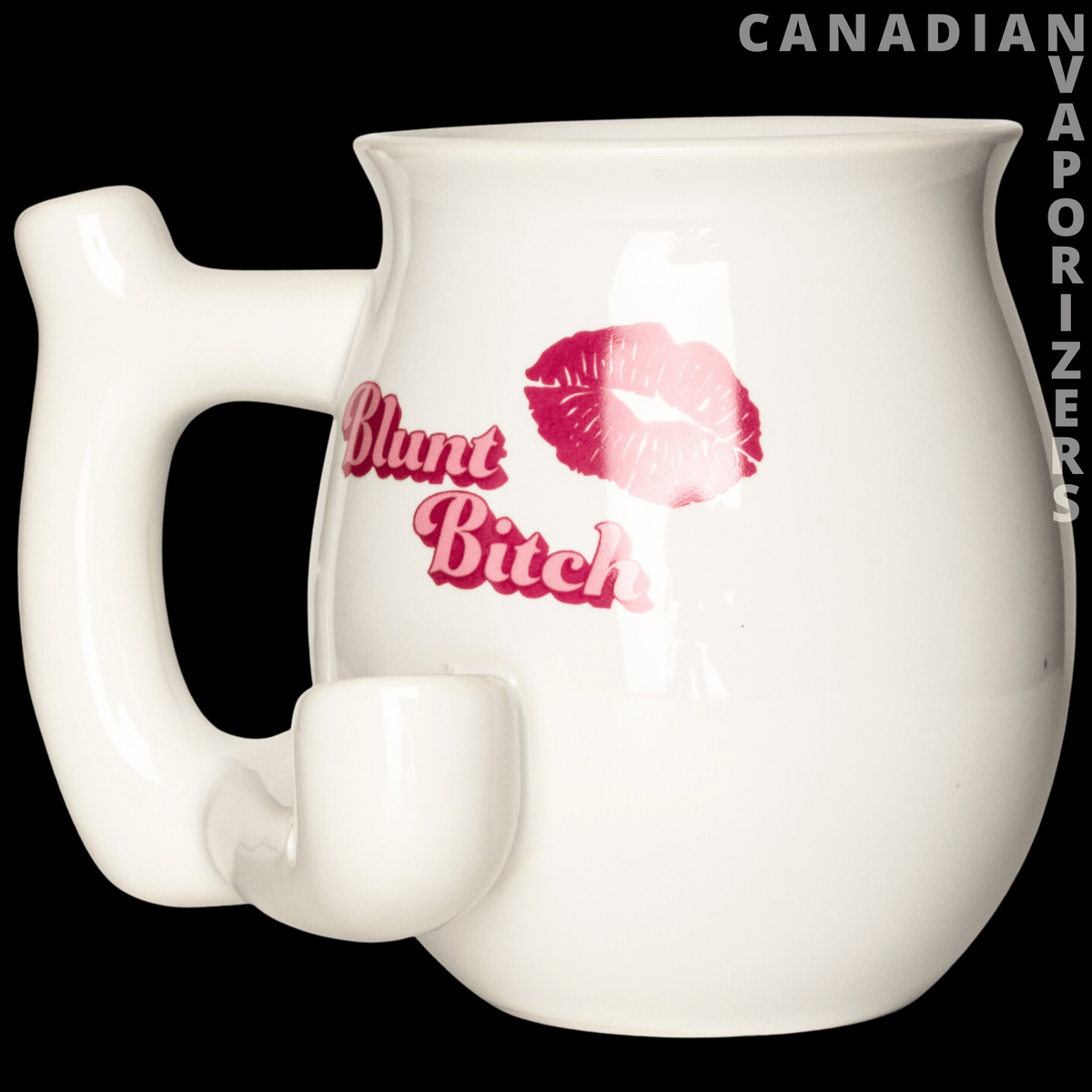 Mug Pipe - White ceramic mug pipe with a side handle, small front bowl, and pink “Blunt B*tch” lettering with a lipstick kiss.